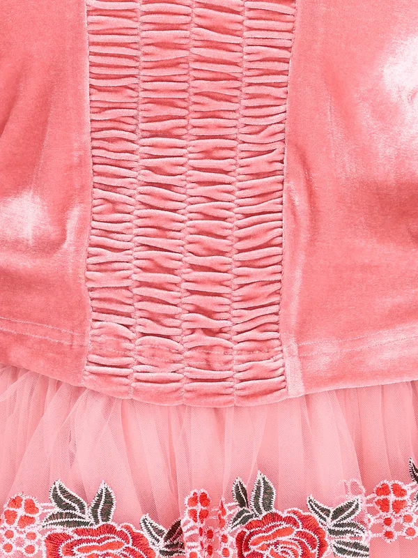 Cutecumber_girls_Pre_winter_Chenille_&_Net_Peach_Clothing_Set.Full_Sleeves_Solid_Sweatshirt_with_Embroidered_Flared_Skirt