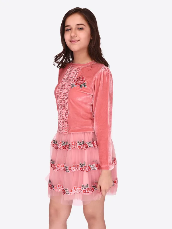 Cutecumber_girls_Pre_winter_Chenille_&_Net_Peach_Clothing_Set.Full_Sleeves_Solid_Sweatshirt_with_Embroidered_Flared_Skirt
