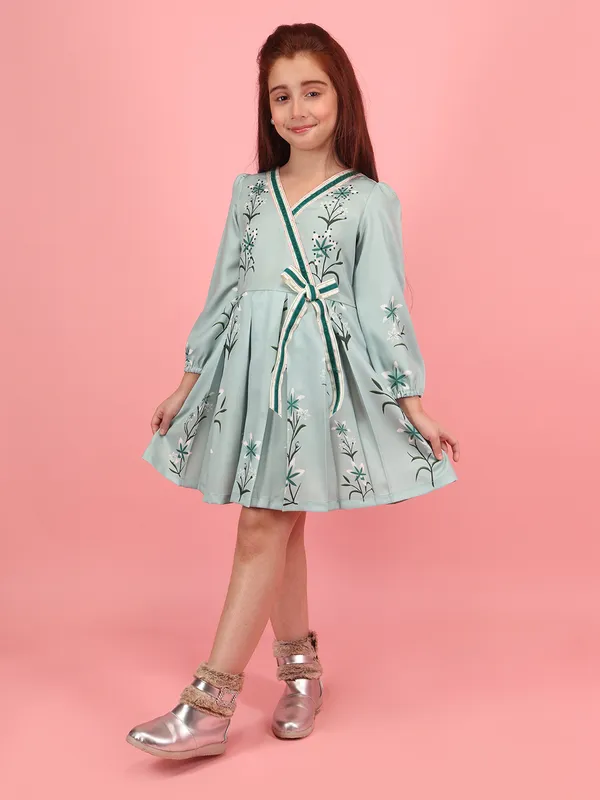 Cutecumber_Girls_Mint_Green_Printed_Polyester_Full_Sleeve_Wrap_Dress_with_Floral_Print_&_Waist_Tie_Zip_Closure_Elegant_Knee-Length_Party_Dress_for_Baby_Girls_&_Kids_(1�15_Years)