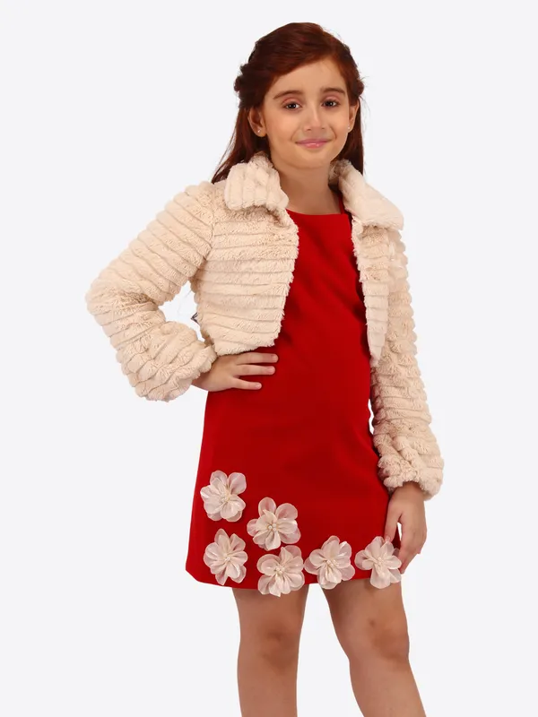 Cutecumber_Girls_Red_Velvet_Dress_with_Beige_Fur_Jacket_Shrug_�_Two-Piece_Winter_Party_Set,_3D_Flower_Hem,_Back_Zip_Closure_for_Baby_Girls_&_Kids_(Age_1�15_Years)