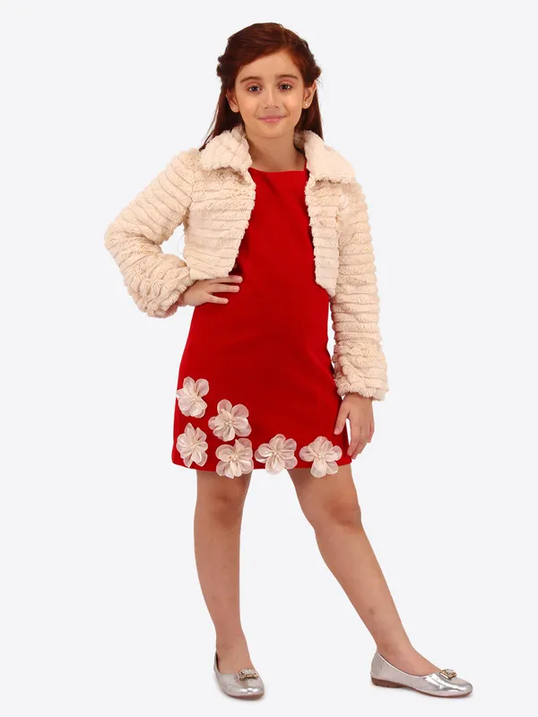 Cutecumber_Girls_Red_Velvet_Dress_with_Beige_Fur_Jacket_Shrug_�_Two-Piece_Winter_Party_Set,_3D_Flower_Hem,_Back_Zip_Closure_for_Baby_Girls_&_Kids_(Age_1�15_Years)