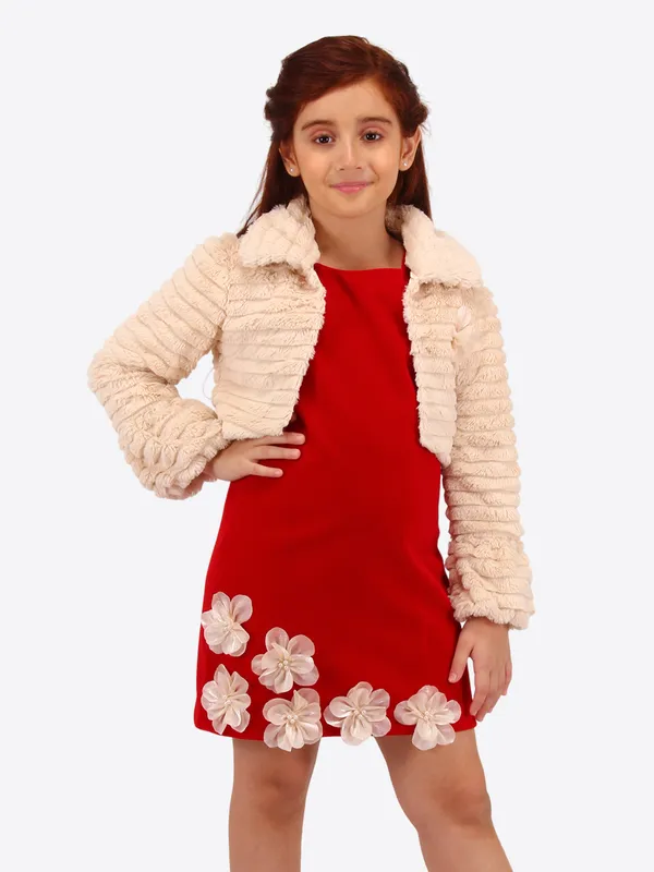 Cutecumber_Girls_Red_Velvet_Dress_with_Beige_Fur_Jacket_Shrug_�_Two-Piece_Winter_Party_Set,_3D_Flower_Hem,_Back_Zip_Closure_for_Baby_Girls_&_Kids_(Age_1�15_Years)
