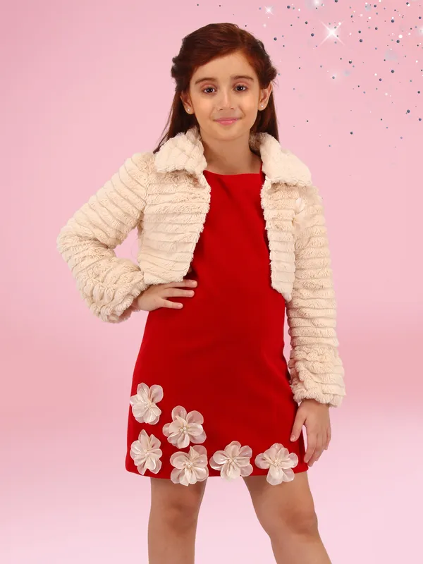 Cutecumber_Girls_Red_Velvet_Dress_with_Beige_Fur_Jacket_Shrug_�_Two-Piece_Winter_Party_Set,_3D_Flower_Hem,_Back_Zip_Closure_for_Baby_Girls_&_Kids_(Age_1�15_Years)