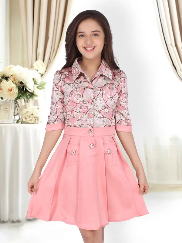 Cutecumber_Girls_Peach_Satin_Floral_Dress_with_Button-Down_Knee_Length_Skirt_�_Front_Button_Closure,_3/4_Sleeves_for_Kids_&_Baby_Girls_(Age_1�15_Years)