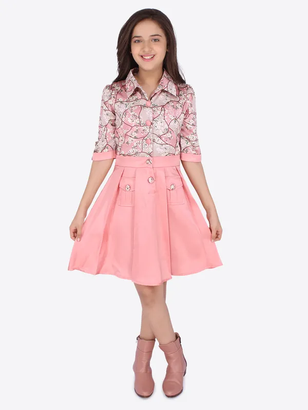 Cutecumber_Girls_Peach_Satin_Floral_Dress_with_Button-Down_Knee_Length_Skirt_�_Front_Button_Closure,_3/4_Sleeves_for_Kids_&_Baby_Girls_(Age_1�15_Years)