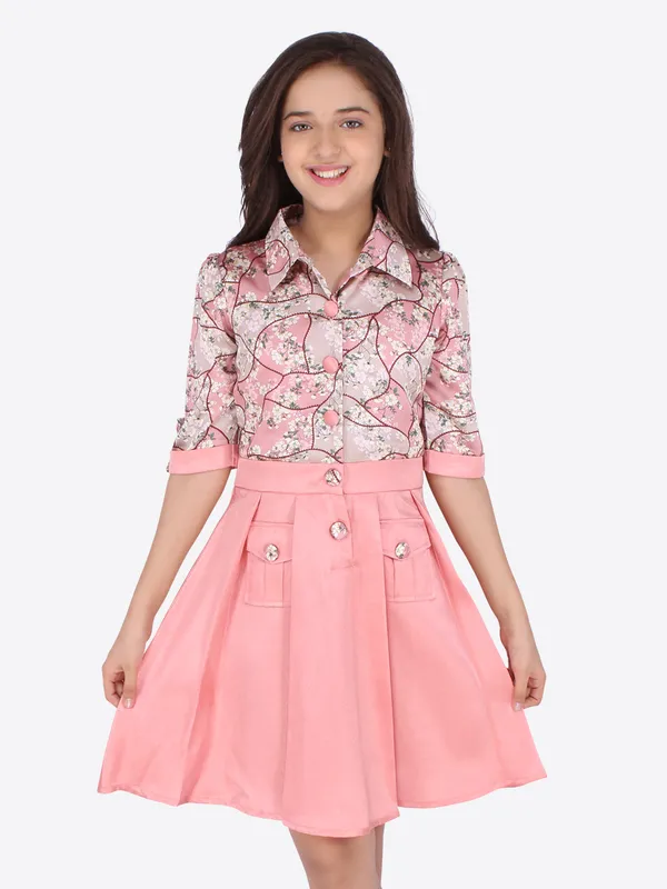 Cutecumber_Girls_Peach_Satin_Floral_Dress_with_Button-Down_Knee_Length_Skirt_�_Front_Button_Closure,_3/4_Sleeves_for_Kids_&_Baby_Girls_(Age_1�15_Years)