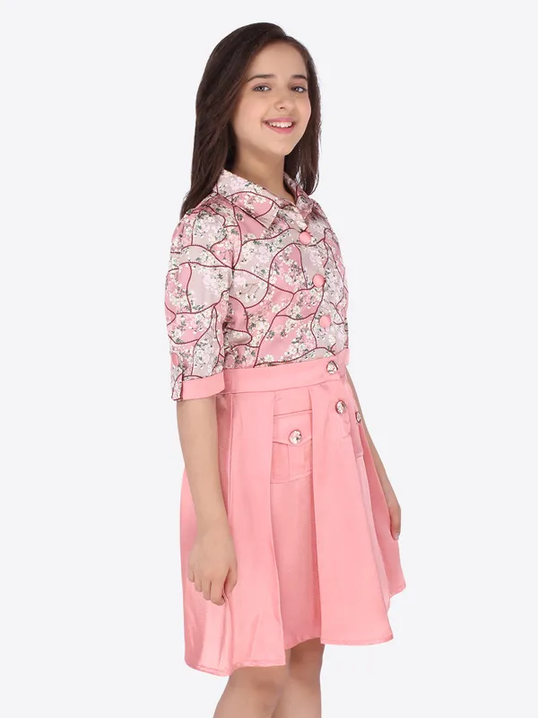 Cutecumber_Girls_Peach_Satin_Floral_Dress_with_Button-Down_Knee_Length_Skirt_�_Front_Button_Closure,_3/4_Sleeves_for_Kids_&_Baby_Girls_(Age_1�15_Years)