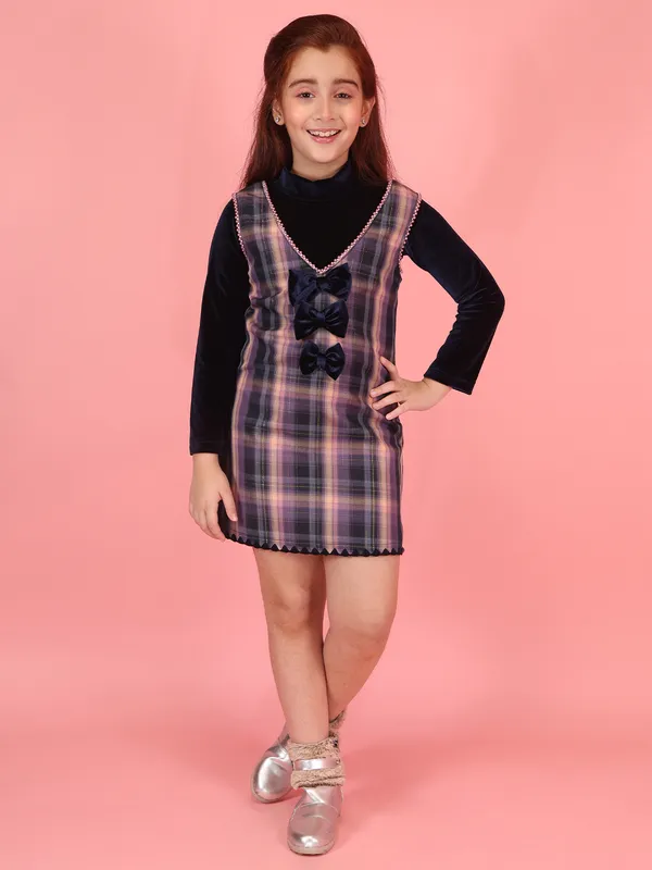 Cutecumber_Purple_Winter_Pinafore_Dress_for_Girls_High_Neck_Full_Sleeve_Knee-Length_Frock_Check_Chenille_Bow_Embellished_Zip_Closure_Wedding_Birthday_Party_Outfit_for_Baby_Girls_&_Kids_Age_1-15_Yrs
