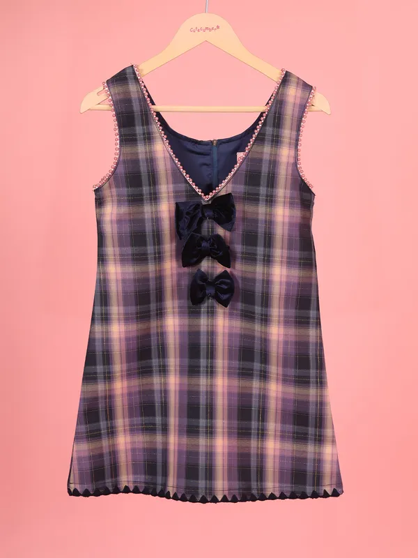 Cutecumber_Purple_Winter_Pinafore_Dress_for_Girls_High_Neck_Full_Sleeve_Knee-Length_Frock_Check_Chenille_Bow_Embellished_Zip_Closure_Wedding_Birthday_Party_Outfit_for_Baby_Girls_&_Kids_Age_1-15_Yrs
