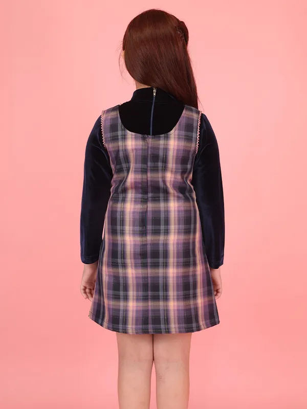 Cutecumber_Purple_Winter_Pinafore_Dress_for_Girls_High_Neck_Full_Sleeve_Knee-Length_Frock_Check_Chenille_Bow_Embellished_Zip_Closure_Wedding_Birthday_Party_Outfit_for_Baby_Girls_&_Kids_Age_1-15_Yrs