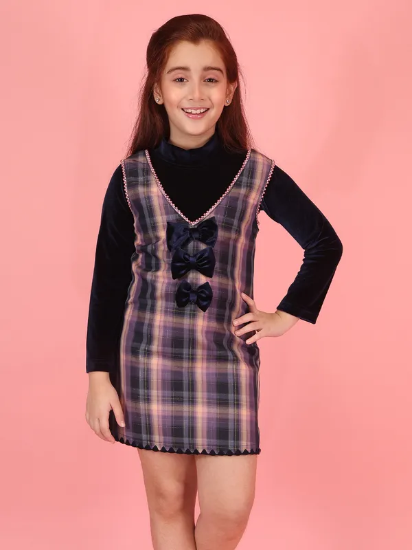 Cutecumber_Purple_Winter_Pinafore_Dress_for_Girls_High_Neck_Full_Sleeve_Knee-Length_Frock_Check_Chenille_Bow_Embellished_Zip_Closure_Wedding_Birthday_Party_Outfit_for_Baby_Girls_&_Kids_Age_1-15_Yrs