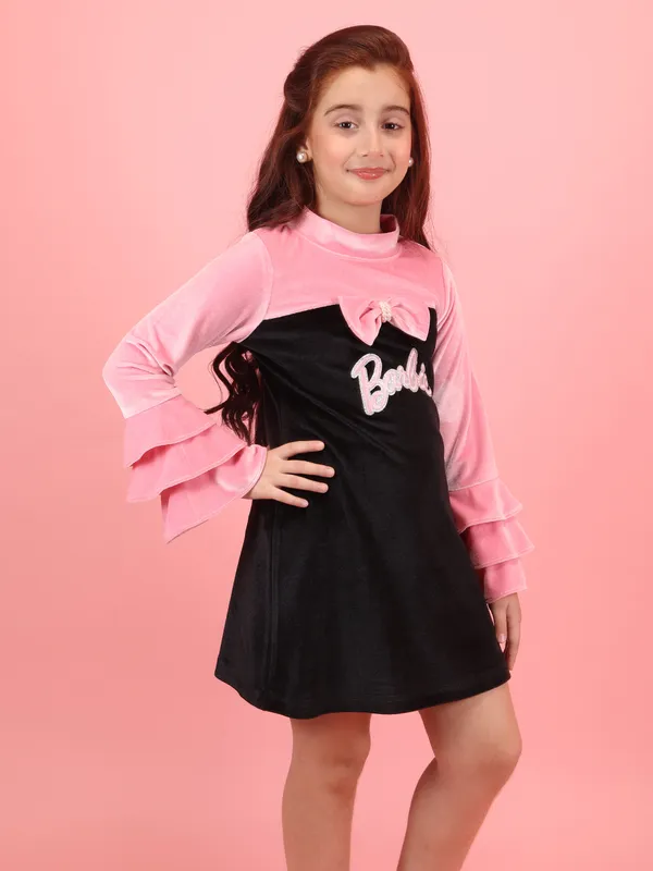 Cutecumber_Child_Pink_Chenille_Dress_�_Tiered_Ruffle_Sleeves,_Front_Bow_Accent,_Zip_Closure,_Knee-Length_Silhouette_for_Baby_Girls_Kids_Ages_1�15_Years,_Premium_Soft_Knitted