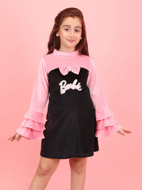 Cutecumber_Child_Pink_Chenille_Dress_�_Tiered_Ruffle_Sleeves,_Front_Bow_Accent,_Zip_Closure,_Knee-Length_Silhouette_for_Baby_Girls_Kids_Ages_1�15_Years,_Premium_Soft_Knitted