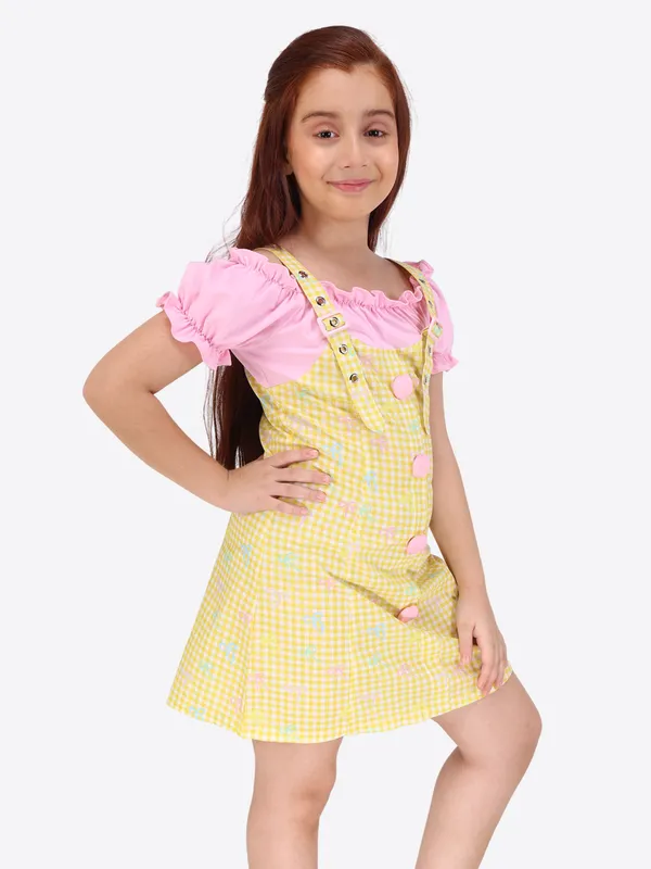 Yellow_Girls'_Floral_Printed_Cotton_Poplin_Dress_with_Mock_Buttons