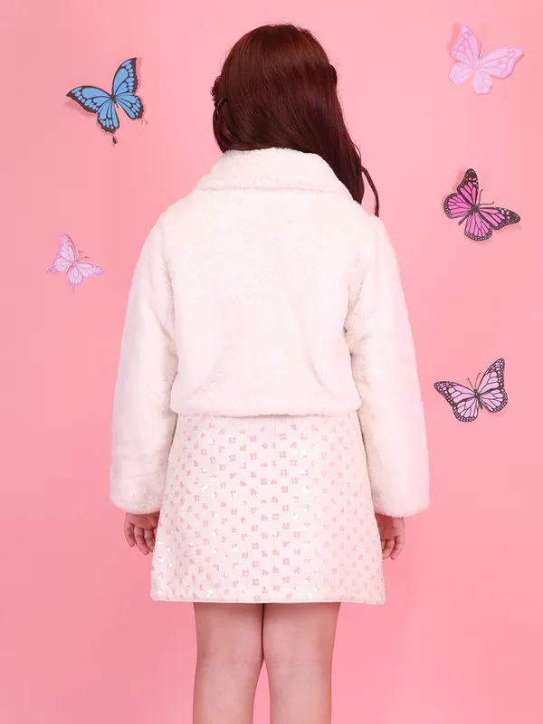 Cutecumber_Girls'_Peach_Two_Piece_A-Line_Dress_Fur_Jacket_&_Sequin_Tweed_Party_Inner_Dress_with_Soft_Fur_Stylish_Winter_Jacket_Elegant_Festive_Occasion_Outfit_For_Baby_Girls_&_Kids_Age_1-15_Yrs
