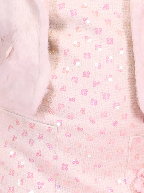 Cutecumber_Girls'_Peach_Two_Piece_A-Line_Dress_Fur_Jacket_&_Sequin_Tweed_Party_Inner_Dress_with_Soft_Fur_Stylish_Winter_Jacket_Elegant_Festive_Occasion_Outfit_For_Baby_Girls_&_Kids_Age_1-15_Yrs