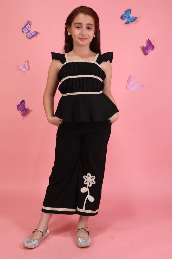 Cutecumber_Girls_Black_Designer_Co-Ord_Set_Sleeveless_Ruffle_Top_Wide_Leg_Pants_Floral_Applique_Embellished_Stylish_Summer_Party_Outfit_Trendy_Fashion_Kids_Clothing_Set_For_Girls_Age_1-15_Yrs