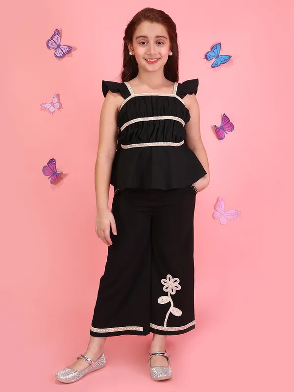 Cutecumber_Girls_Black_Designer_Co-Ord_Set_Sleeveless_Ruffle_Top_Wide_Leg_Pants_Floral_Applique_Embellished_Stylish_Summer_Party_Outfit_Trendy_Fashion_Kids_Clothing_Set_For_Girls_Age_1-15_Yrs