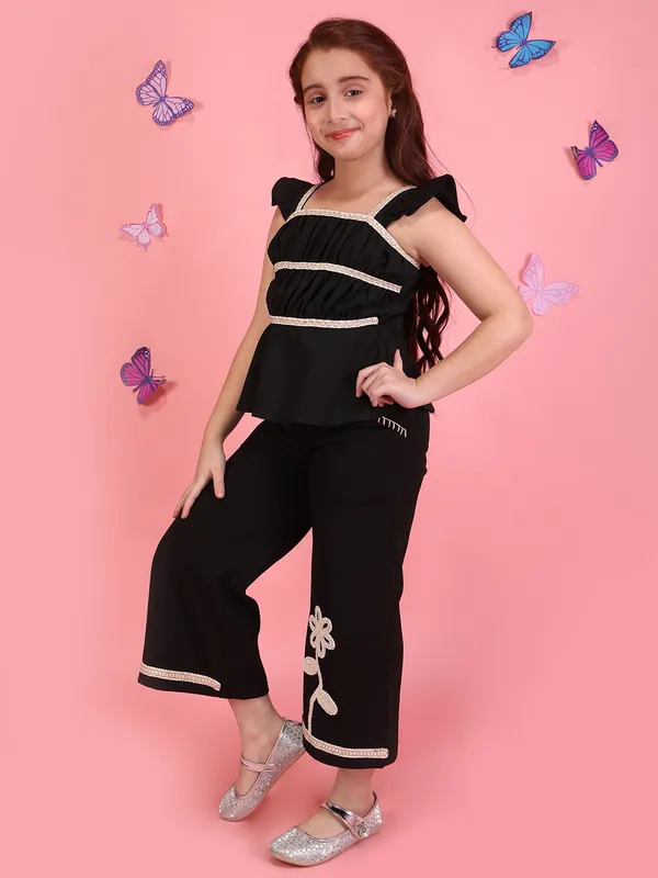 Cutecumber_Girls_Black_Designer_Co-Ord_Set_Sleeveless_Ruffle_Top_Wide_Leg_Pants_Floral_Applique_Embellished_Stylish_Summer_Party_Outfit_Trendy_Fashion_Kids_Clothing_Set_For_Girls_Age_1-15_Yrs