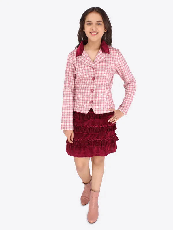 Cutecumber_Girls_Suede_Checkered_Coat_with_Drop_Needle_Chenille_Solid_Maroon_Skirt._CC6625AB-MAROON