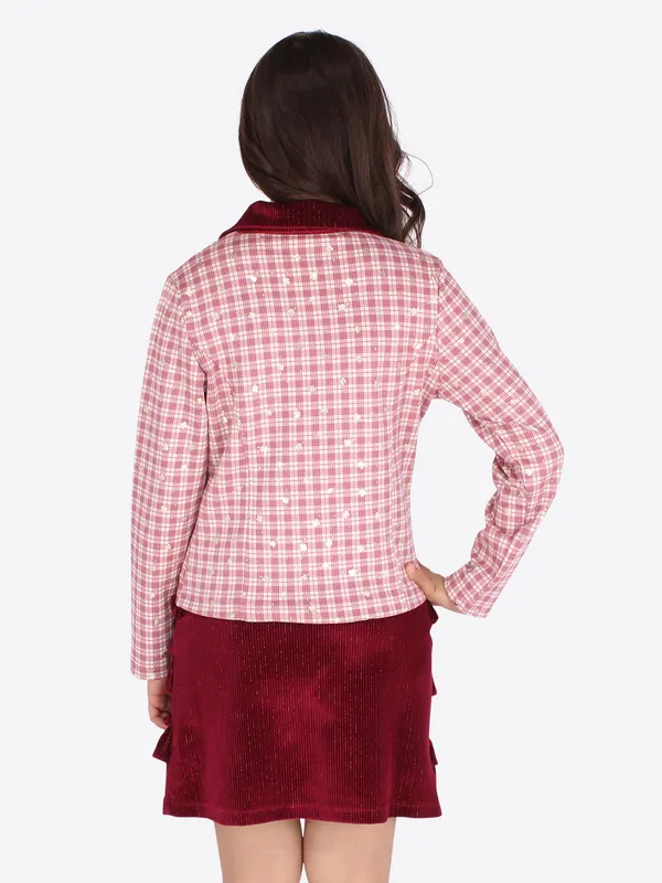 Cutecumber_Girls_Suede_Checkered_Coat_with_Drop_Needle_Chenille_Solid_Maroon_Skirt._CC6625AB-MAROON