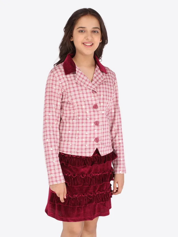 Cutecumber_Girls_Suede_Checkered_Coat_with_Drop_Needle_Chenille_Solid_Maroon_Skirt._CC6625AB-MAROON