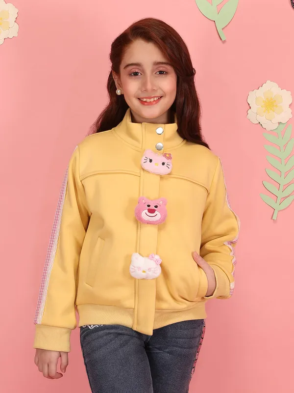 Cutecumber_Girls'_Winter_Jacket_Yellow_Fleece_Teddy_Stand_Collar_Neck_Full_Sleeve_Bomber_Style_Character_Button_Embellished_Front_Zip_Closure_Fancy_Casual_Outfit_for_Baby_Girls_&_Kids_Age_1-15_Yrs