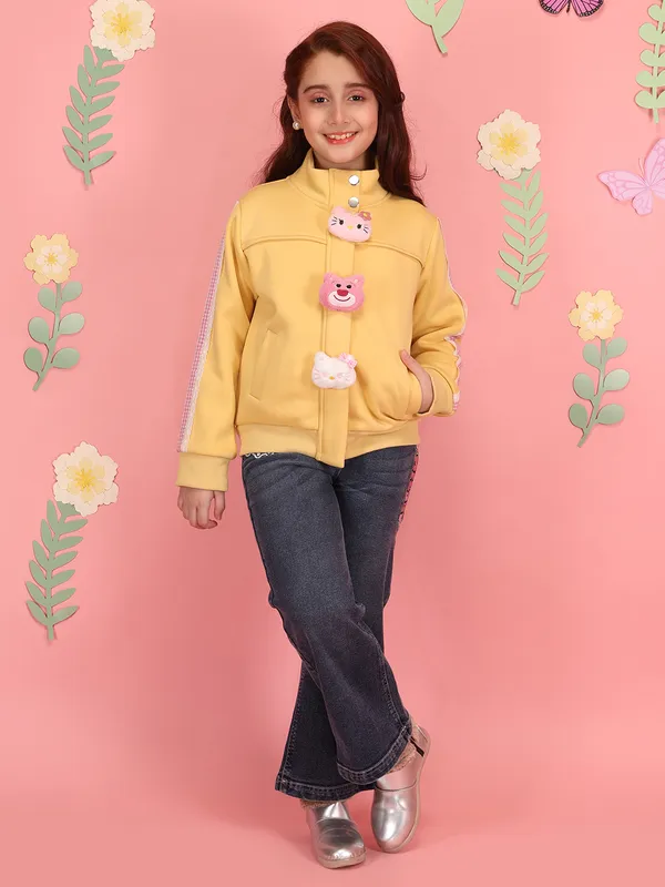 Cutecumber_Girls'_Winter_Jacket_Yellow_Fleece_Teddy_Stand_Collar_Neck_Full_Sleeve_Bomber_Style_Character_Button_Embellished_Front_Zip_Closure_Fancy_Casual_Outfit_for_Baby_Girls_&_Kids_Age_1-15_Yrs