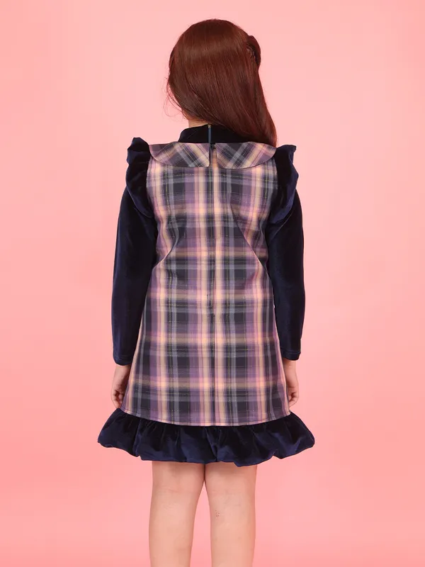 Cutecumber_Winter_Dress_for_Girls_Purple_Plaid_Mock_Neck_Full_Sleeve_Knee-Length_Layered_Frock_Check_Fabric_&_Chenille_Blend_Button_and_Ruffle_Trim_Party_Outfit_for_Baby_Girls_&_Kids_Age_1-15_Yrs