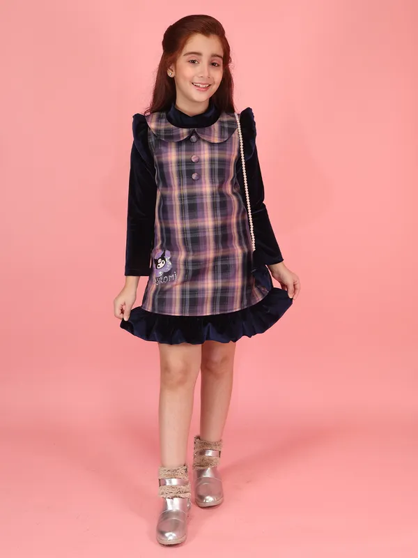 Cutecumber_Winter_Dress_for_Girls_Purple_Plaid_Mock_Neck_Full_Sleeve_Knee-Length_Layered_Frock_Check_Fabric_&_Chenille_Blend_Button_and_Ruffle_Trim_Party_Outfit_for_Baby_Girls_&_Kids_Age_1-15_Yrs