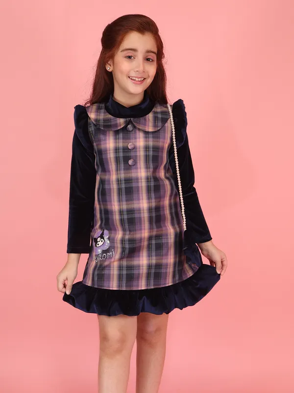 Cutecumber_Winter_Dress_for_Girls_Purple_Plaid_Mock_Neck_Full_Sleeve_Knee-Length_Layered_Frock_Check_Fabric_&_Chenille_Blend_Button_and_Ruffle_Trim_Party_Outfit_for_Baby_Girls_&_Kids_Age_1-15_Yrs