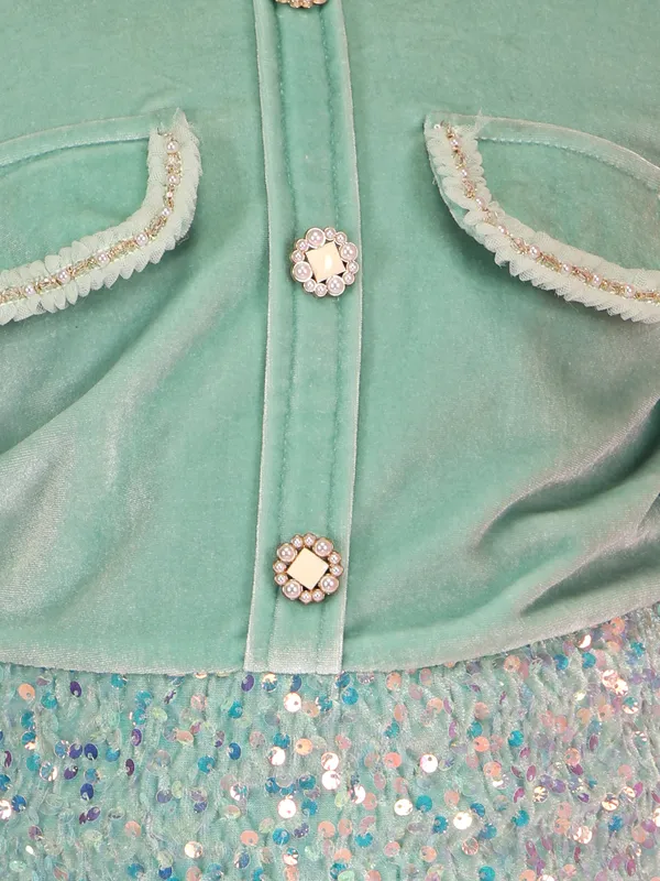 Cutecumber_Winter_Party_Western_Style_A-Line_Dress_for_Girls'_Aqua_Chenille_Sequin_Mock_Neck_Full_Sleeve_Embellished_Button_Closure_Stylish_Fancy_Wear_Casual_Outfit_for_Baby_Girls_&_Kids_Age_1-15_Yrs