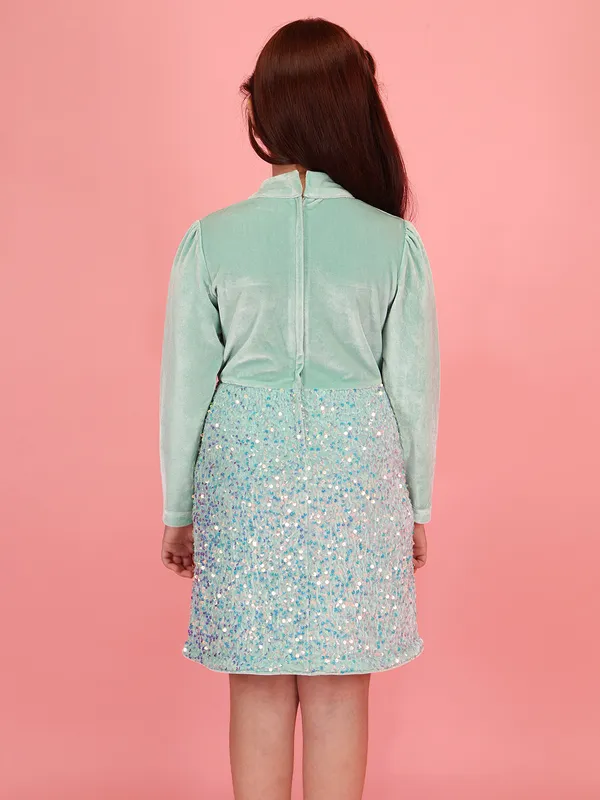 Cutecumber_Winter_Party_Western_Style_A-Line_Dress_for_Girls'_Aqua_Chenille_Sequin_Mock_Neck_Full_Sleeve_Embellished_Button_Closure_Stylish_Fancy_Wear_Casual_Outfit_for_Baby_Girls_&_Kids_Age_1-15_Yrs