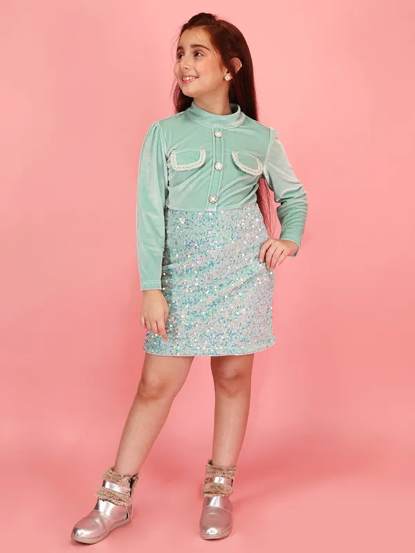 Cutecumber_Winter_Party_Western_Style_A-Line_Dress_for_Girls'_Aqua_Chenille_Sequin_Mock_Neck_Full_Sleeve_Embellished_Button_Closure_Stylish_Fancy_Wear_Casual_Outfit_for_Baby_Girls_&_Kids_Age_1-15_Yrs