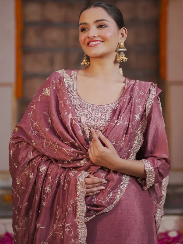 Mauve_&_White_Silk_Blend_Ethnic_Motifs_Embroidered_Kurta_,_Trousers_&_Dupatta_For_Women