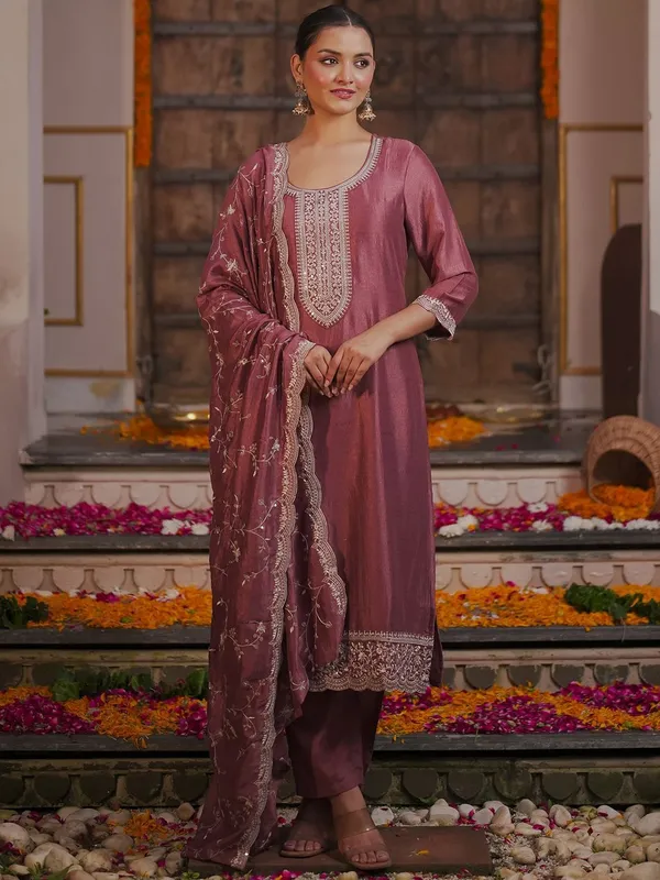 Mauve_&_White_Silk_Blend_Ethnic_Motifs_Embroidered_Kurta_,_Trousers_&_Dupatta_For_Women
