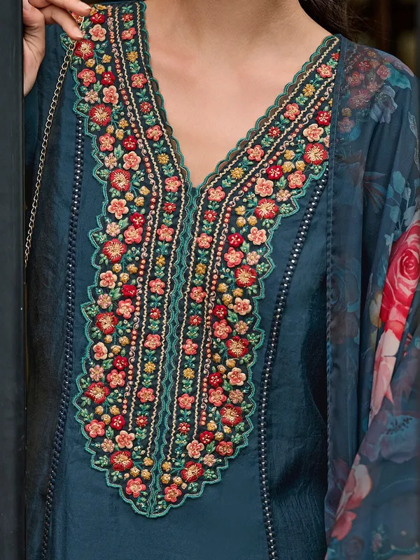 Blue,_Green_&_Pink_Silk_Blend_Floral_Embroidered_&_Panelled_Thread_Work_Kurta_,Trousers_&_Dupatta_For_Women