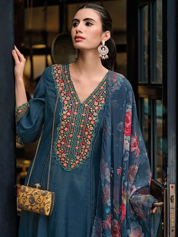 Blue,_Green_&_Pink_Silk_Blend_Floral_Embroidered_&_Panelled_Thread_Work_Kurta_,Trousers_&_Dupatta_For_Women