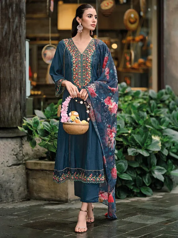 Blue,_Green_&_Pink_Silk_Blend_Floral_Embroidered_&_Panelled_Thread_Work_Kurta_,Trousers_&_Dupatta_For_Women