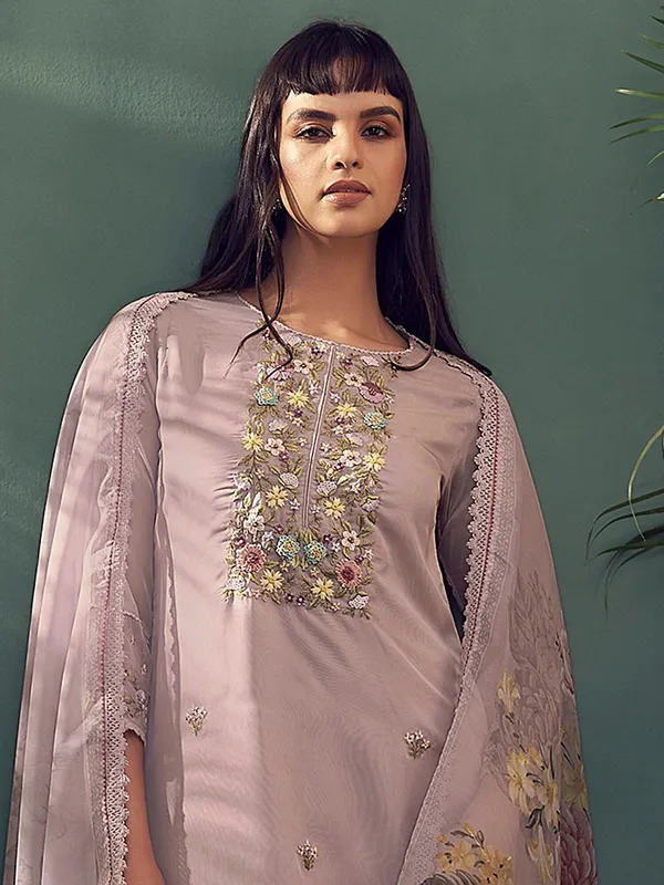 Mauve,_Purple_&_Green_Organza_Floral_Embroidered_&_Thread_Work_Kurta_,Trousers_&_Dupatta_For_Women