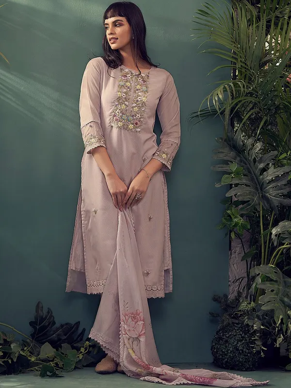 Mauve,_Purple_&_Green_Organza_Floral_Embroidered_&_Thread_Work_Kurta_,Trousers_&_Dupatta_For_Women