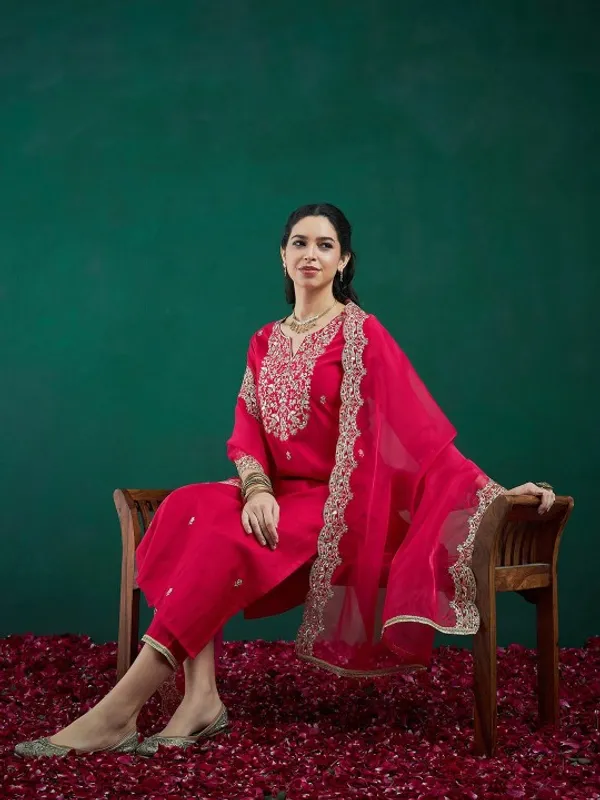 Pink_Liva_Floral_Embroidered_&_Liva_Zari_Regular_Kurta_,Trousers_&_Dupatta_For_Women