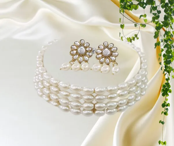 4_Layer_Silver_Pearl_Necklace_with_Stud_Earrings_For_Women_&_Girls