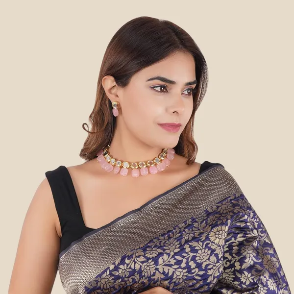 Gold_Plated_Traditional_Bridal_Choker_Necklace_&_Earrings_Set_Embellished_With_Kundan_&_Pearl_For_Women