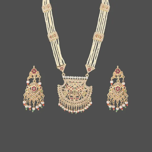 White_&_Gold_Plated_Bridal_Wear_Long_Choker_Necklace_&_Earrings_Set_For_Women