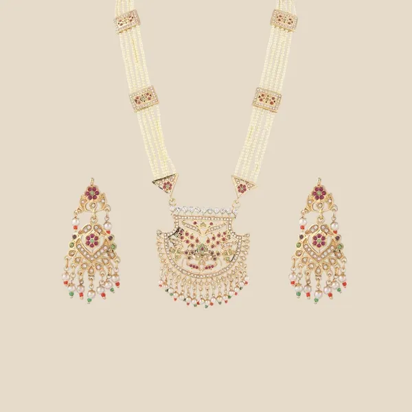 White_&_Gold_Plated_Bridal_Wear_Long_Choker_Necklace_&_Earrings_Set_For_Women