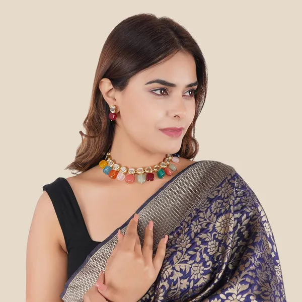 Multicolour_Traditional_Gold_Plated_Bridal_Choker_Necklace_&_Earrings_Set_Embellished_With_Kundan_&_Pearl_For_Women