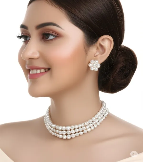 3_Layer_Silver_Pearl_Necklace_with_Stud_Earrings_For_Women_&_Girls