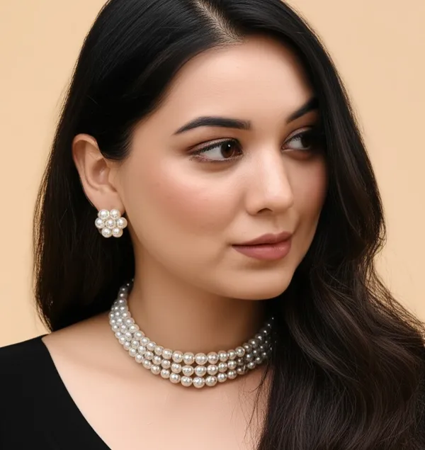 3_Layer_Silver_Pearl_Necklace_with_Stud_Earrings_For_Women_&_Girls