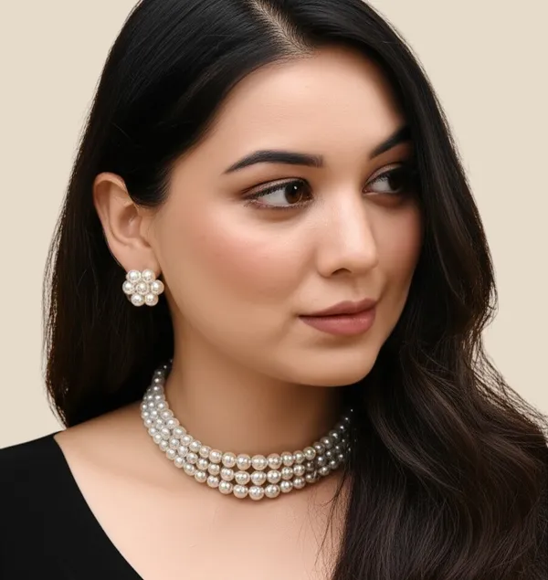 3_Layer_Silver_Pearl_Necklace_with_Stud_Earrings_For_Women_&_Girls